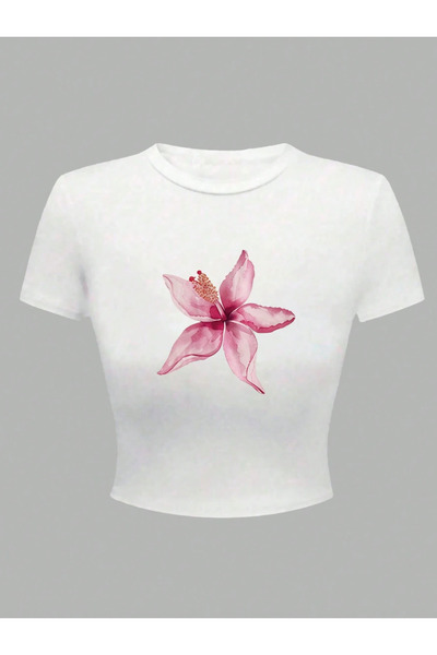 LAYORA Tricou crop pentru femei White Single Flower cu imprimeu – Design mini...