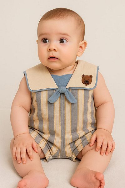 dinamik çocuk Baby/Child Teddy Bear Cape Collar Raw Linen Fabric Jumpsuit Summer Sleeveless 0-3-6-9-12 Months