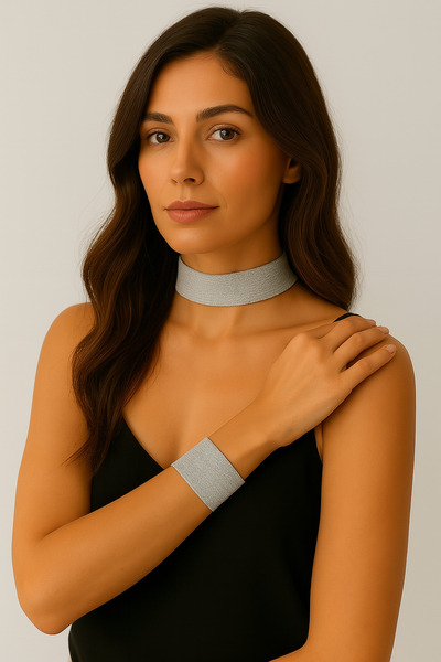 SYAZE Silver Glitter Elastic Choker and Bracelet Set - Width 4 cm