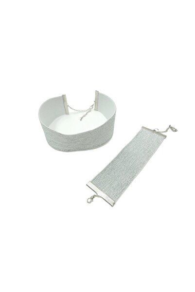 SYAZE Silver Glitter Elastic Choker and Bracelet Set - Width 4 cm