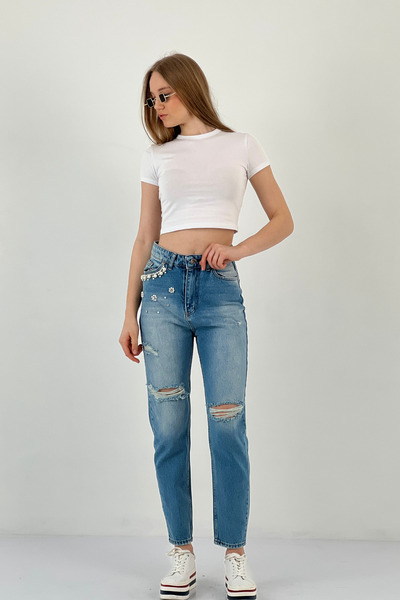 Miss Poem Blugi de damă Stoned Blugi Mom Blue cu uzură