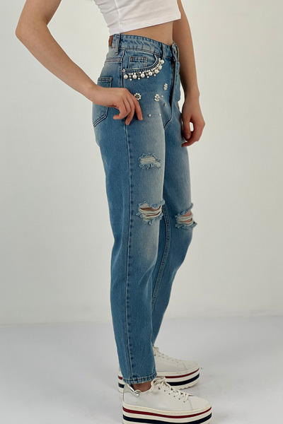 Miss Poem Blugi de damă Stoned Blugi Mom Blue cu uzură