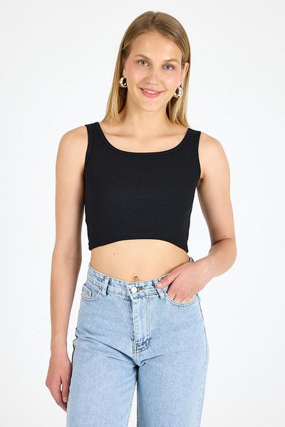 Arma Yıldız Women's Cotton Ribbed Halter Neckline Thick Strap Crop Bustier Black