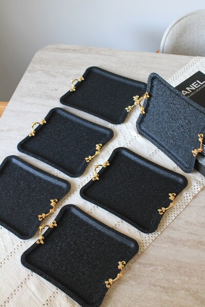 Moon Dizayn 6 Adet (6 Kişilik ) Siyah Dokulu Sunum Kahve Sunum Tepsisi