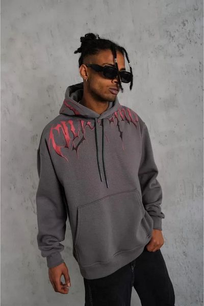 Moda Asmira Men's Front and Back Printed Hooded 3 Thread Sweatshirt - Smoked