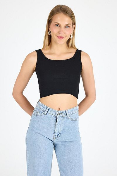 Arma Yıldız Women's Cotton Camisole Crew Neck Thick Strap Crop White Black 2 Pack