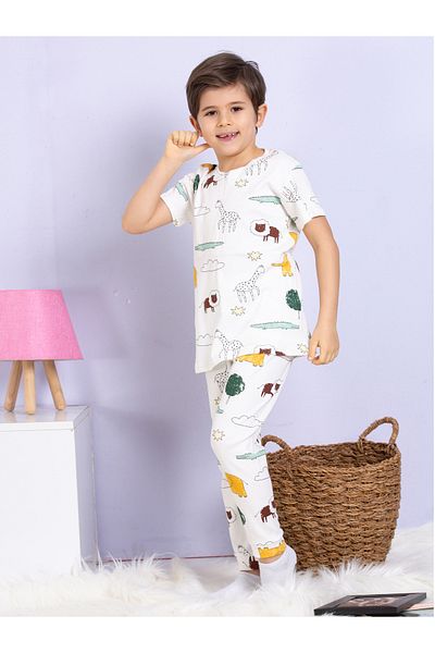 elmas kids Boy's 100% Cotton Safari Pattern Short Sleeve Pajama Set