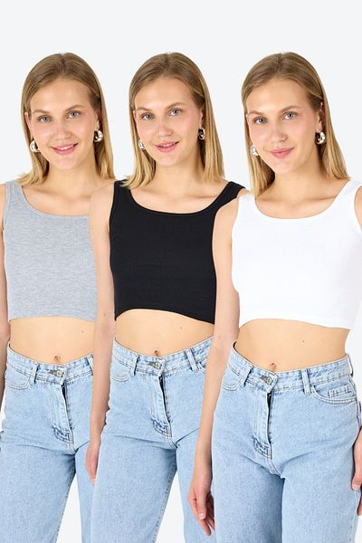 Arma Yıldız Women's Cotton Camisole Crew Neck Thick Strap Crop Black White Gray Set of 3