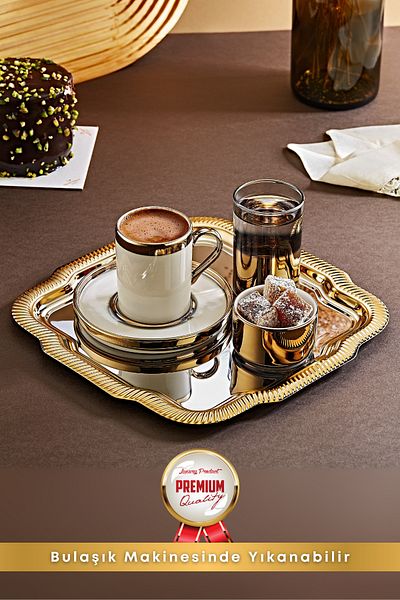 GRİMOR Life Gold Porcelain Cup Set with Tray Groom Coffee-Word Engagement Turkish Coffee Coffee Cup
