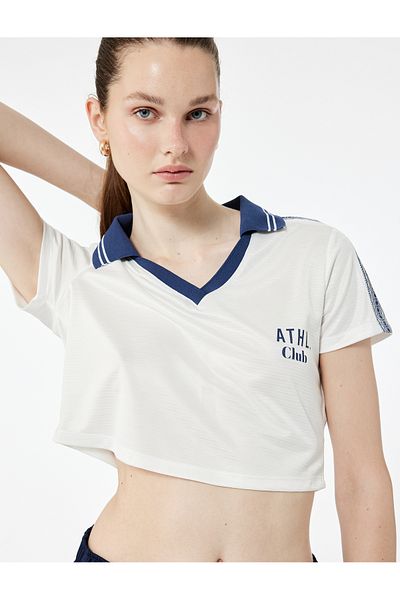 Koton Short Sleeve V Neck Piping Printed Crop Sports T-Shirt