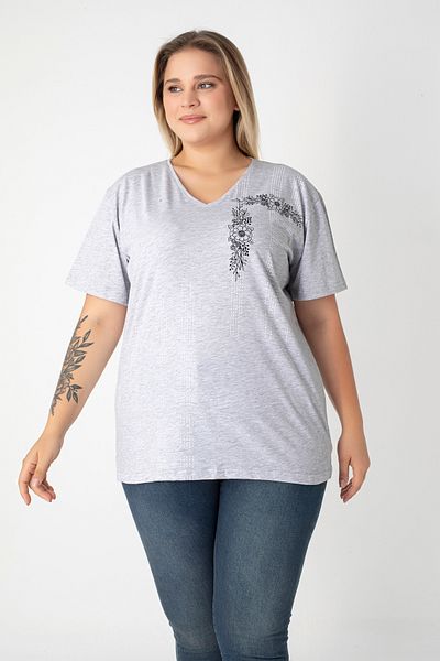 Orly More Printed Slit Cotton Women's V-Neck Plus Size T-Shirt