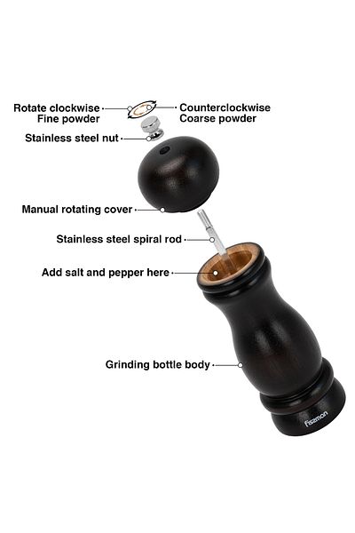 Fissman Pepper Mill Rubber Wood Body With S/s Grinder 16.5cm, For Peppercorns And Dry Spices