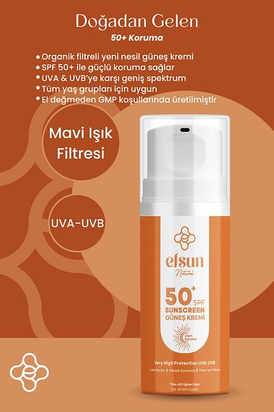 Efsun Natural Anti-Blemish Moisturizer High Protection Spf 50+ Pa++++ Uva/Uvb Face and Body Sunscreen 50 ml
