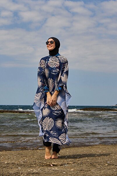 Starinci Mayo Women's Navy Blue Leaf Patterned Pareo New Season