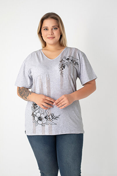 Orly More Printed Slit Cotton Women's V-Neck Plus Size T-Shirt