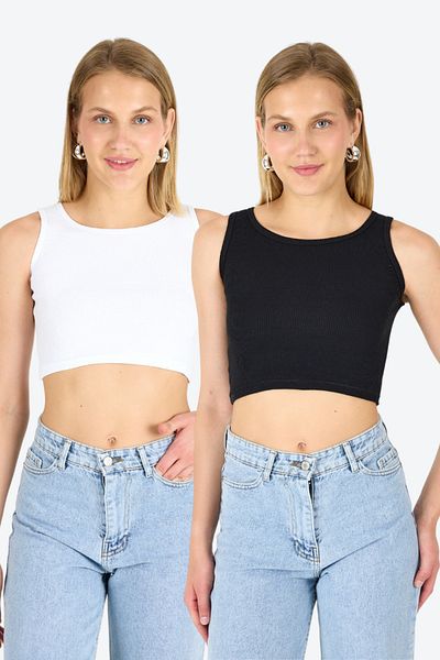 Arma Yıldız Women's Cotton Ribbed Halter Neck Thick Strap Crop White Black 2 Pack