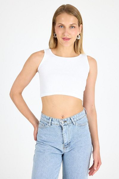 Arma Yıldız Women's Cotton Ribbed Halter Neckline Thick Strap Crop White