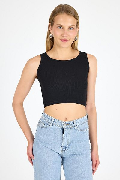 Arma Yıldız Women's Cotton Ribbed Halter Neckline Thick Strap Crop Bustier Black