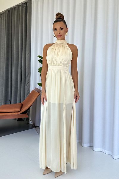 Mine Tan Butik Γυναικείο φόρεμα με σατέν λαιμόκοψη μπεζ