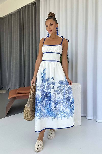 Mine Tan Butik Rochie cu guler pătrat cu model la marginea fustei - albastru
