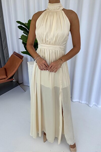 Mine Tan Butik Halter Yaka Saten Kadın Elbise -Bej