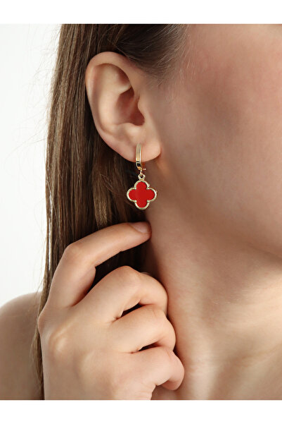 DİAMİNE PIRLANTA 14 Ayar Altın Büyük Kırmızı Taşlı Yonca Küpe