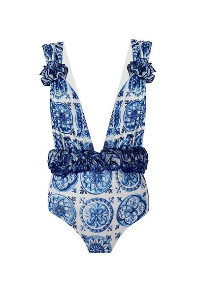 Nur Karaata Palma Bleu Blanc Swimsuit