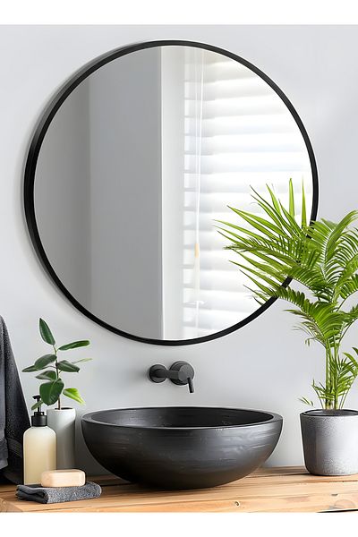 Taimi 60cm Round Wall Mirror With Black Metal Frame For Makeup, Bathroom, Bedroom, Dressing Room