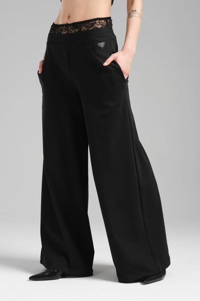 tw3 Pantaloni Palazzo de damă cu talie elastică și detaliu din dantelă