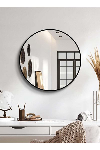 Taimi 60cm Round Wall Mirror With Black Metal Frame For Makeup, Bathroom, Bedroom, Dressing Room