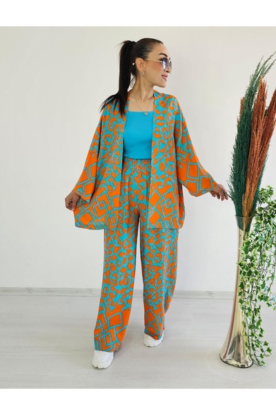 Altı Üstü Butik Taş Desen Viskon Kimono Takım