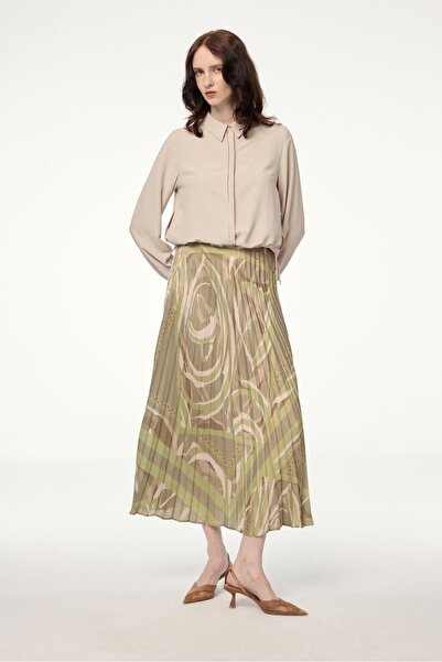 Zühre Patterned Pleated Green Skirt Etk-0155