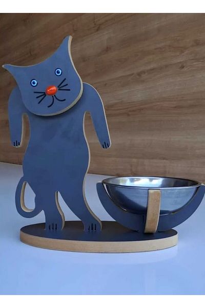 Asrimo mobilya Disassembled Wooden Cat Figured Food Bowl-Water Bowl