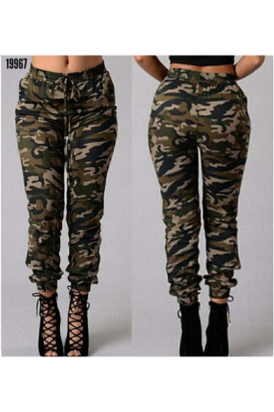 Esinty Kadın Kamuflaj Beli Lastikli Kamuflaj Desen Kargo Pantolon