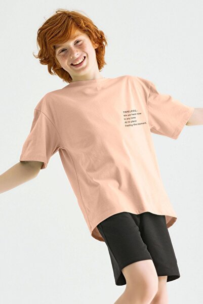 zepkids Велосипедний комір, короткий рукав, безчасний принт, бежевий колір, ф...