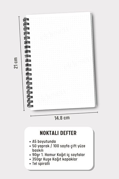 Eldesen Tasarım A5 Spiral Dotted School Notebook, 50 Sheets 100 Pages, Cardboard Cover Notepad