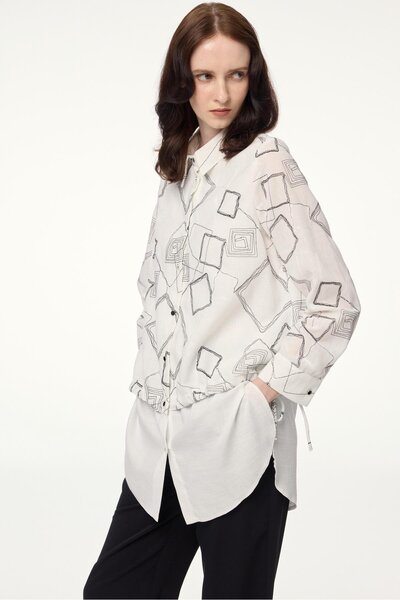 Zühre Geometrik Desenli Aksesuarlı Ekru Tunik T-1574