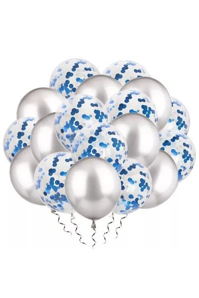 Deniz Party Store Dark Blue Confetti Transparent Balloon and Metallic Gray Balloon Set 20 Pieces