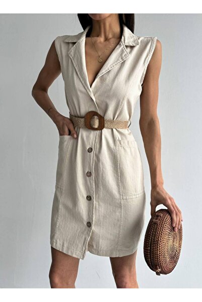 owwon Kadın Bej Önden Düğmeli Kolsuz Gabardin Elbise