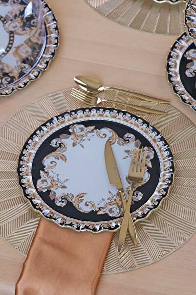 Glore Ragusa Gold Gilded Glass Set for 6 People - Serving Plate Included