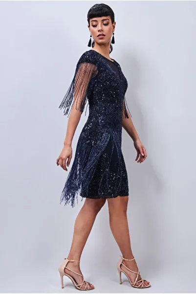 GATSBYLADY LONDON Sybill Fringe Flapper Dress in Navy
