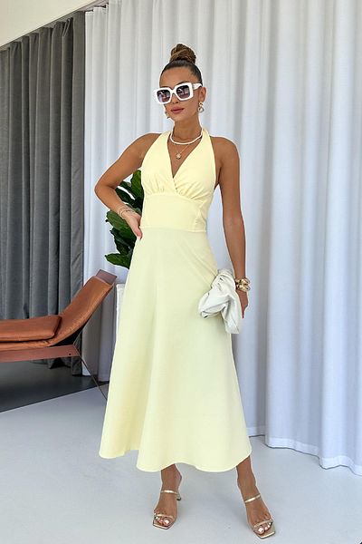 Mine Tan Butik Elegant Long Women's Dress with Neck Detail - Yellow