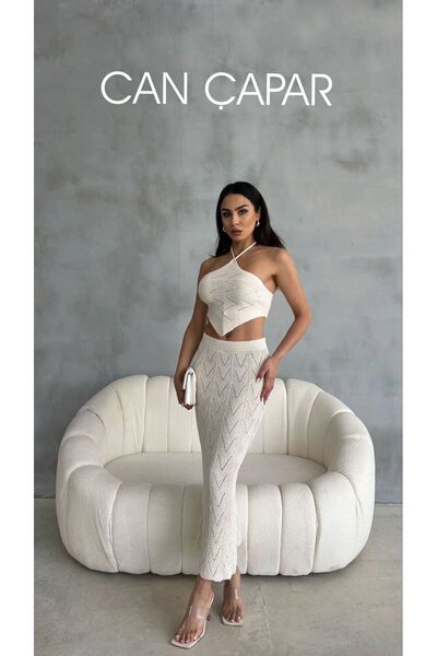 CAN ÇAPAR Set crop top și fustă cu modele tricotate pentru femei