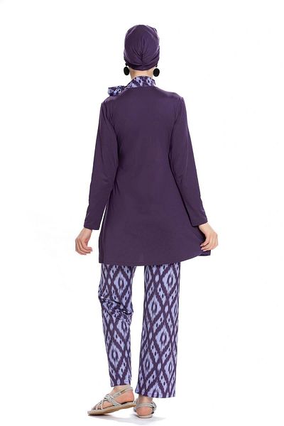 Starinci Mayo Costum de baie Hijab Lycra Pantaloni violet cu modele și detaliu eșarfă