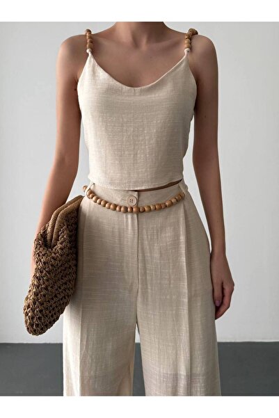 owwon Women's Beige Straps Bead Detailed Crop Pants Double Linen Set