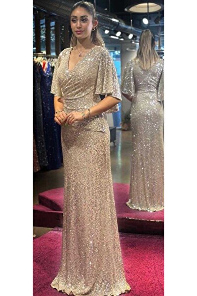 Abiyeniall Bej Kısa Kollu Düz Kesim Payet Uzun Abiye Elbise 7572