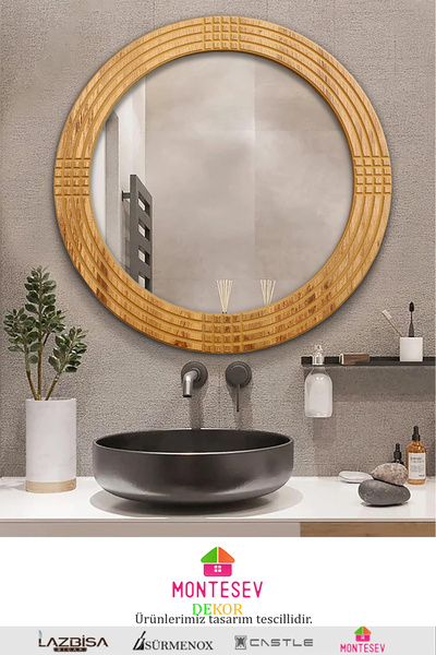 MONTESEV Safir Ahşap Dekoratif Ayna Yuvarlak Ayna Işlemeli Ahşap Duvar Aynası - 56 Cm