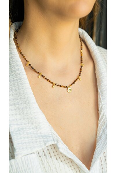 G&a Jewels - Doğal Taşlı Kaplan Gözü Boncuklu Kolye - 925 Ayar Gümüş Altın Kaplama Charm'lı