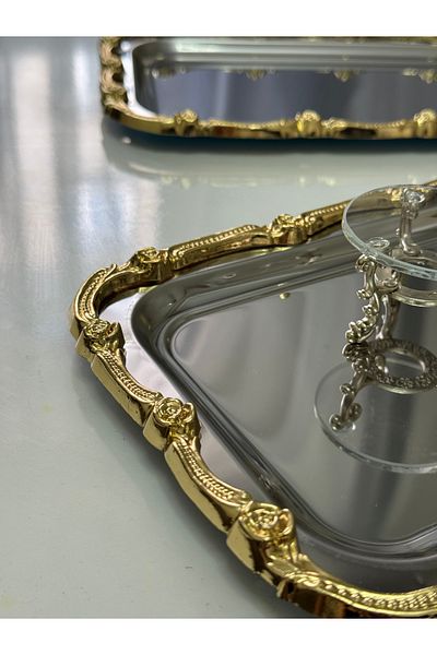 Elzemm store 2 Pcs Steel Large Rectangular Gold Frame Service Tray 17*33 cm