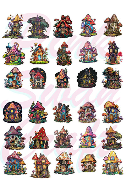 Pink Swan Craft Fantastik Mantar Evler Etiket Seti, Bullet Journal, Scrapbook...